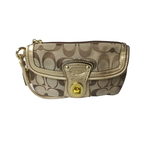 Vintage Coach Signature C Leather Trim Wristlet Khaki & Gold Turnlock - Picture 1 of 7